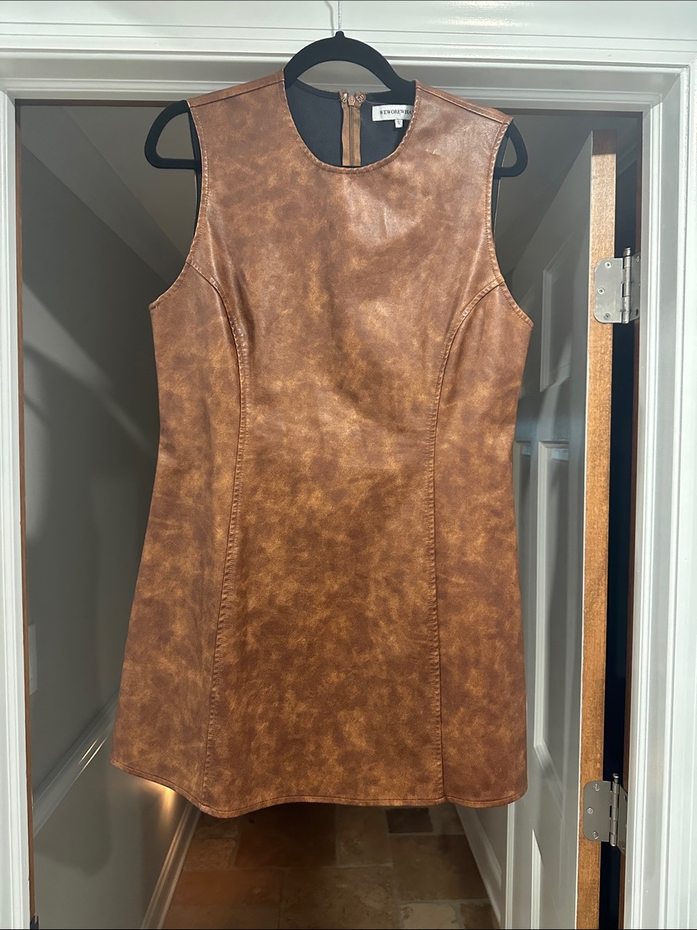 WeWoreWhat Faux Leather Mini Dress - Cognac Brown